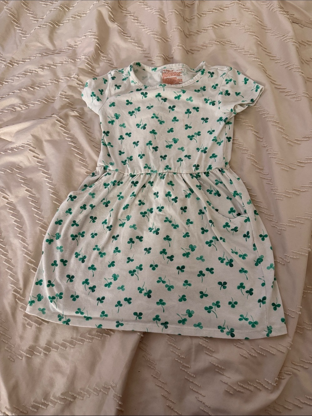Girls' White Dress with Green Clover Print